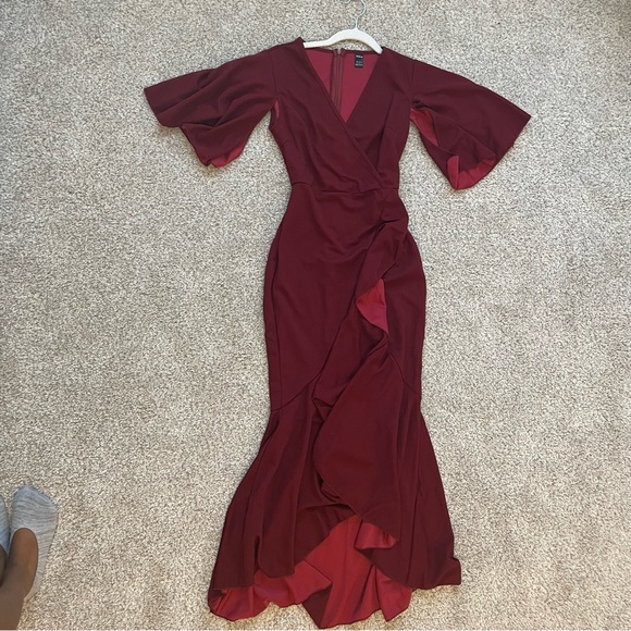 Romwe Semi Formal Wrap Ruffle Trip Maxi Maroon Dress - Picture 2 of 5